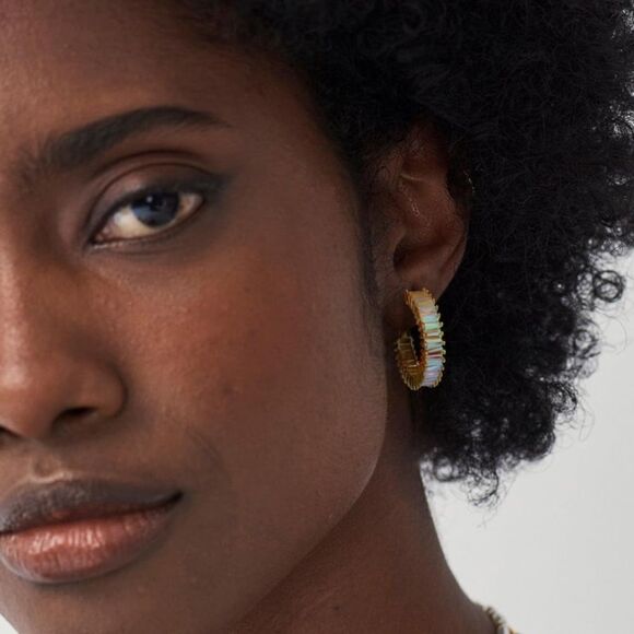 14K Yellow Gold with Iridescent AB Cubic Zirconia Drop Hoop Leverback Earrings - Picture 6 of 7